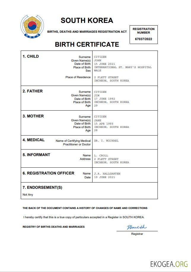 Modèle Word et PDF d'acte de naissance en Corée du Sud